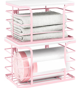 lot 2558 image: 2 Pack Extra Large Stackable Pantry Storage with Bamboo Top,Wall Mount Trash Bag Dispenser Roll Holder for Kitchen Pantry Laundry Room,Pink - Retail $0