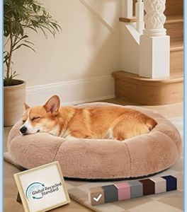 lot 2563 image: 31 inches Calming Donut Dog & Cat Bed for Medium Pets, Warming Comfort Fluffy Short Pile Fur, Durable Waterproof Machine Washable Removable Cover, Cute Round Bed for Puppy, Camel - Retail $0