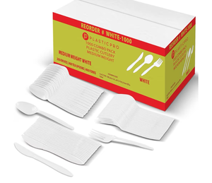 lot 2578 image: PLASTICPRO 1000 piece Cutlery Combo set of White Plastic Forks, Spoons, and Knives Disposable Colored Cutlery Bulk Pack Variety Pack for Party Home Office - Retail $0
