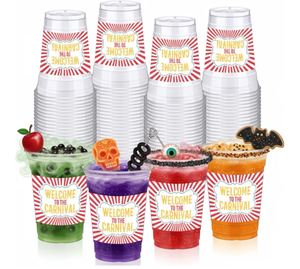 lot 2579 image: Bokon 100 Pcs Halloween Carnival Circus Party 12 oz Plastic Cups Disposable Cocktail Glasses Circus Theme Clear Disposable Cups for Welcome to Carnival Party Supplies for Coffee Juice Hot Cold Drinks - Retail $0