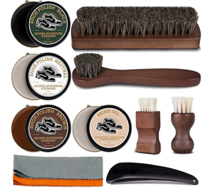 lot 2581 image: 12Pcs Polish Kit for Men & Women - 4 Various Brushes, Black Brown Neutral Mink Oil with Luxurious Box for Shoes, Boots Shine Care Kit,Christmas Gifts for Dad Mom Boyfriend Husband Brother Grandpa - Retail $0