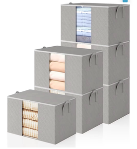 lot 2610 image: 6 Pack Clothes Storage Bags - 90L Blanket Organizers and Storage for Closet Large Storage Bins with Lids and Zipper Storage Containers for King Comforter, Pillow and Sweater (Grey, 6 Pack) - Retail $0