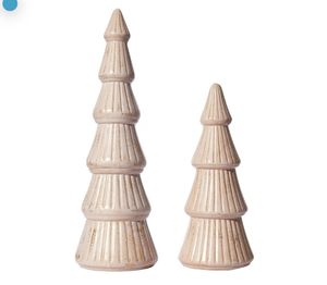 lot 2611 image: WONDROUS DECO Wooden Christmas Tree Figurine, Tabletop Pink and Gold Tree Figurine, Set of 2 Desk Centerpieces for Christmas Decor - Retail $0