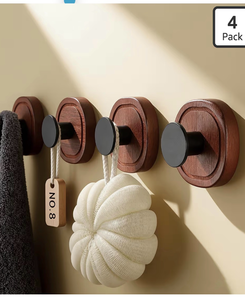 lot 2613 image: DELITON Suction Cup Hooks for Shower - 4 Pack Wooden Bathroom Towel Hooks Removable Without Drilling, for Hanging Towels, Bath Towels, and Bathrobes - Retail $0