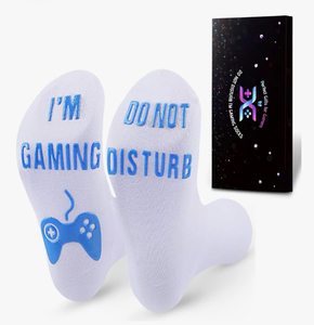 lot 2617 image: 2 pack QAPIZM Do Not Disturb IM Gaming Socks, Men Gifts Ideas Valentines Day Kids Valentine Boy Gamer Sock Gift for Mens Dad Father - Retail $0