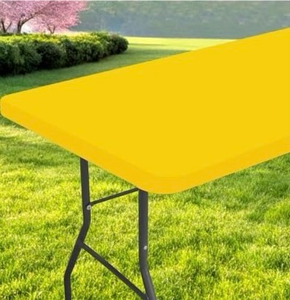lot 2630 image: Spotjoy Rectangle Table Cloth, Waterproof Elastic Fitted Tablecloth for 4 Foot Folding Tables, Washable Polyester Tablecloths for Picnic, Camping, Outdoor (Yellow, 24x48) - Retail $0