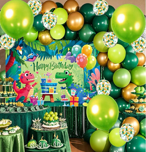 lot 2641 image: YinQin 80 PCS Green Happy Birthday Party Balloons Set with Dinosaur Themed Photo Background Backdrop Banner Cloth Dino Theme Happy Bday Balloons Decorations Green Dinosaur Birthday Party Supplies - Retail $0