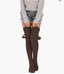 lot 2667 image: HYTENSUN Women��s Cable Knit Thigh High Socks - Over the Knee Winter Leg Warmers with Pom Pom Tie, Cozy Long Boot Stockings - Retail $0