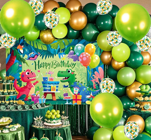 lot 2680 image: YinQin 80 PCS Green Happy Birthday Party Balloons Set with Dinosaur Themed Photo Background Backdrop Banner Cloth Dino Theme Happy Bday Balloons Decorations Green Dinosaur Birthday Party Supplies - Retail $0