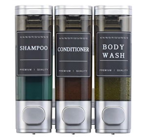 lot 2692 image: Shampoo and Conditioner Dispenser,Shower Soap Dispenser 3 Chamber No Drill Wall-Mounted for Bathroom & Hotel Leak-Proof Pumps, for Thick Liquids Like Conditioner - 1050ML High Capacity, Silver - Retail $0