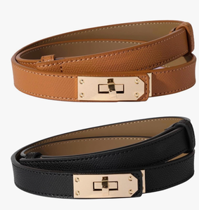 lot 2710 image: Ovekaut Women Skinny Leather Belt Solid Color Alloy Turn Lock Adjustable Waistband for Dresses Jeans Coats - Retail $0
