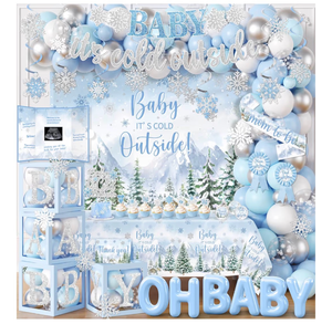 lot 2714 image: Baby It��s Cold Outside Baby Shower Decorations, Blue Winter Baby Shower Decorations for Boy Winter Woodland Tablecloth Banner Backdrop Balloon Box Cupcake Topper Hanging Swirl for Boy Gender Reveal - Retail $0