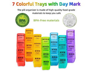 lot 2723 image: 6Pack of XL Large Weekly Pill Organizer 4 Times a Day, 7-Day Pill Boxes AM PM, Big Compartments Pill Case, Monthly Medication Organizer 28 Days Dispenser for Fish Oils, Vitamin Holder Supplement - Retail $0
