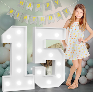 lot 2726 image: Marquee Numbers Large 15th-Birthday Decorations 3ft Light Up Number 15 Birthday Decoration for Boy Girl Fifteen Year Old Party Backdrop Anniversary Cardboard Big Mosaic Number 15 - Retail $0