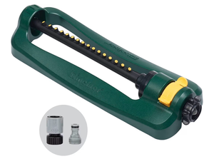 lot 2728 image: Melnor 65148AMZ TurboTek Oscillating Sprinkler, 2,800 sq. ft., Quick Connect Bundle, 16 Precision Nozzle, Green, Yellow - Retail $0