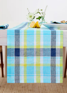 lot 2733 image: Solino Home Blue Linen Table Runner 60 Inch - 100% Pure Linen Summer Madras Plaid Table Runner 14 x 60 Inch - Handcrafted and Machine Washable - Retail $0