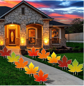 lot 2737 image: 10 Pcs Maple Leaf Yard Decorations Outdoor with Stakes Yard Signs with LED Lights Lawn Garden Decorations for Holiday Party Harvest Path - Retail $0