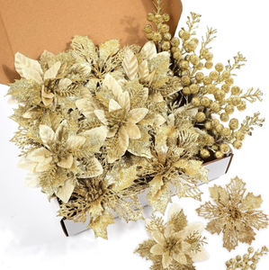 lot 2743 image: 22 Pcs Gold Poinsettia Artificial Flowers and Glitter Berries Stems Kit, Christmas Poinsettias Decorations and Tree Ornaments for Xmas Home Wedding Holiday Decor - Retail $0