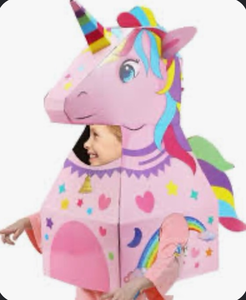 lot 2762 image: OLYMPE STORE Unicorn Costume Playhouse for Kids �� Recycled Cardboard Pretend Play Toy for Girls Ages 3-8 �� Easy to Assemble, ASTM & CPSIA Certified �� Pink Unicorn with Rainbow Decorations - Retail $0