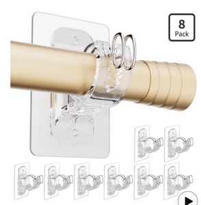 lot 2805 image: No Drill Curtain Rod Bracket Holders, (8 Pack) Adjustable Self Adhesive Curtain Hooks, No-Nail Stick on Wall Curtain Rod Hangers for Bathroom Bedroom Kitchen and Livingroom - Retail $0