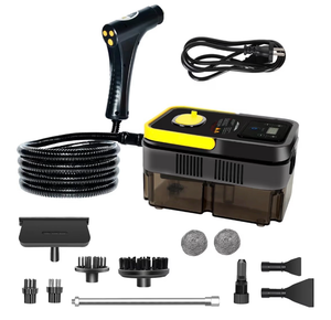 lot 2813 image: Handheld Pressurized Steam Cleaner�� 6-Level Adjustable Handle 20s Heat-Up Big Tank, Portable Steamer for Cleaning Stubborn Dirt Grease Tile Grout Floor Car (BlackYellow) - Retail $0