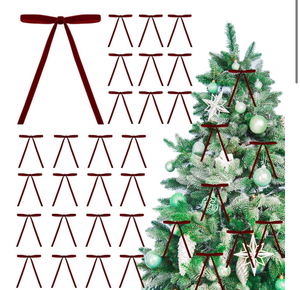 lot 2819 image: 26 Pcs Velvet Christmas Tree Bows Ornaments, 5x7 Inch, 38 Wide, Craft Ribbon Bows for Garland Wreath Indoor Outdoor Xmas Decorations, Burgundy - Retail $0
