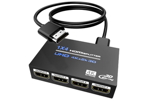 lot 2833 image: 4K 1X4 HDMI Splitter 1 in 4 Out with 2ft HDMI Cable MirrorDuplicate Only, Powered, for 3D 1080P Copy 1 Source to 4 Displays at The Same Time - Retail $0