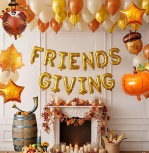 lot 2839 image: Friendsgiving decorations & Fall Orange and sand white Gold small Balloon arch & Turkey Maple Leaf Pumpkin Pine Cones Letter Balloons & Artificial leaves for Autumn Friends party Thanksgiving Decor - Retail $0