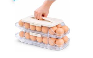 lot 2840 image: Egg Holder for Fridge Organization - 30 Slot Egg Organizer for Refrigerator with Rolling Dispenser  2 Layers with Locking & Detachable Trays - Retail $0