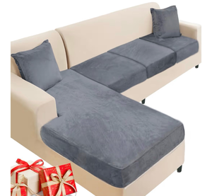 lot 2842 image: NAISI Sectional Couch Cover 4 Pieces Velvet Separate Couch Cushion Covers L Shape Soft Stretch Sofa Slipcovers with 2pcs Pillowcases for LeftRight Chaise Sectional Couch(3 Seater1 Chaise,Dark Grey) - Retail $0