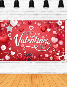lot 2863 image: Mocsicka Happy Valentines Day Backdrop Banner Conversation Hearts Valentines Day Party Decorations Valentines Day Banner for Photography (Red, 70.8x43.3 inch) - Retail $0