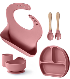 lot 2867 image: Baby Suction Plates and Bowls Set - 100% Food Grade Silicone Toddler Feeding Supplies for BLW  Stay-Put Divided Dish  Includes Bonus Bib, Cup & Soft SpoonFork (6-Piece) - Retail $0