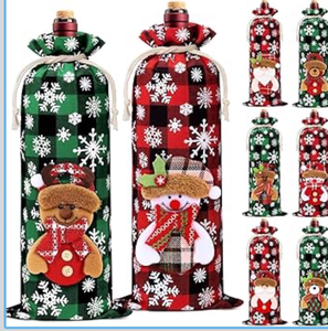 lot 2871 image: 8PCS Christmas Wine Fabric Bags, Drawstring Christmas Buffalo Plaid Wine Bottle Gift Bags, Reusable Wines Bottle Covers with Santa Snowman Elk Bear 3D Doll, Xmas Wines Gift Bag for Holiday Party Decor - Retail $0