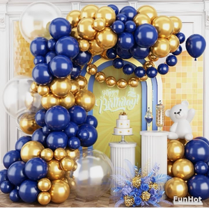 lot 2883 image: Navy Blue and Gold Balloons Arch Garland Kit,120PCS Blue and Gold With 18125 Inch Different Sizes for Anniversary Wedding New Year Graduation Baby Shower Wedding Birthday Party Decorations - Retail $0