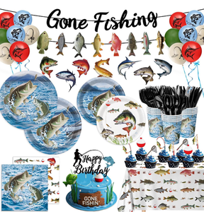 lot 2894 image: 178PCS Fishing Birthday Party Decorations Includes Plates, Napkins, Cups, Cutlery, Tablecloth, Cake & Cupcake Toppers, Banner, Hanging Swirls, Balloons for Fishing Party Decorations, Serve 20 - Retail $0