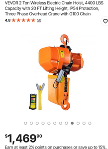 lot 2900 image: VEVOR 2 Ton Wireless Electric Chain Hoist, 4400 LBSCapacity with 20 FT Lifting Height, IP54 Protection, Three Phase Overhead Crane with G100 Chain - Retail $1,500