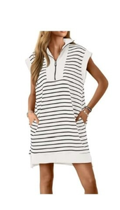lot 2906 image: Wenrine Womens Striped Mini Dress Casual Zipper Cap Sleeve Collared V Neck Loose Knit Summer Dresses - Retail $0