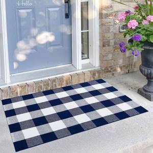 lot 2907 image: KILOCOCO Buffalo Plaid Checkered Rug 27.5x43 Inches Front Door Mat Outdoor Blue and White Rug Cotton Washable Front Porch Rugs Layered Doormats for Patio Farmhouse Entryway Kitchen Foyer - Retail $20