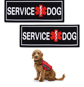 lot 2926 image: 2 Pack Black Reflective Dog Patches Service Dog, Removable Dog Tags for Dog Harness, Collar & Leash - Retail $0