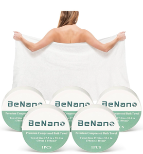 lot 2937 image: Benano Premium Compressed Towel Tablets Disposable Towel 55.1 in x 27.5 in Large Bath Towel Travel Towel Reusable for Hotel Camping Sports Hiking Beach Swimming Vacation (55.1 x 27.5 (5 Pack)) - Retail $0