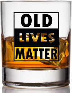lot 2943 image: Old Lives Matter Whiskey Scotch Glass - 11oz - Funny Retirement or Birthday Gifts for Men - Unique Gag Gifts for Dad, Grandpa, or Senior Citizen - Old Fashioned Whiskey Glasses - Retail $0