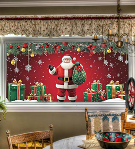 lot 2946 image: HOMETITUTE Christmas Window Film Santa Claus with Gift Bag Snowflakes Festive Holiday Decorations Static Cling Privacy Glass Sticker Window Clings for Home Party 39.3 � 17.7 Inch - Retail $0