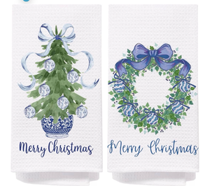 lot 2950 image: Chinoiserie Christmas Kitchen Towels,Set of 2 Blue Bow Coquette Christmas Tree Dish Towels for Kitchen Bathroom, Blue Christmas Hand Towels for Bathroom Kitchen, Grandmillennial Decor,16x24 Inches - Retail $0