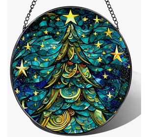 lot 2955 image: 8-Inch Christmas Tree Suncatcher Ornament, Stained Glass Window Hanging & Stained Glass Holiday Ornament, Sun Catcher Window Decor �� Keepsake Gift for Family, Coworkers & Friends, Gifts for Christmas - Retail $0