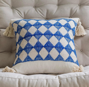 lot 2958 image: vctops Buffalo Plaid Check Cotton Linen Decorative Throw Pillow Covers with Tassels 24x24 Inch Farmhouse Pillow Covers Macrame Woven Blue and White Cushion Case for Couch Sofa (Blue Plaid,24x24) - Retail $0