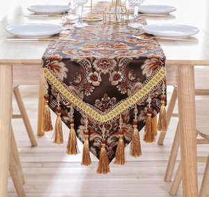 lot 2965 image: Luxury Vintage Table Runner Embroidery Jacquard Fabric with Multi-Tassels Table Runners for Dining Room Dresser Wedding Holiday Party Fireplace Decorations-Brown, 13x70 inch - Retail $0