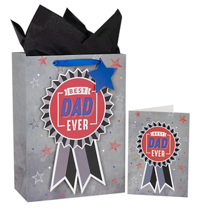 lot 2988 image: MAYPLUSS 13 Large Gift Bag with Greeting Card and Tissue Paper for Fathers Day - Grey Medal Design - Retail $0