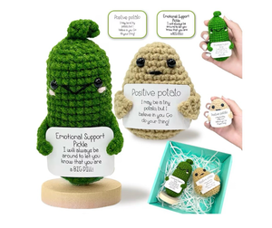 lot 2995 image: CrazyHome Positive Potato, Emotional Support Pickle Combo  Handmade Crochet Positive Vegetables 2PCS Set - Potato, Mini Cucumbers  Cheer-Up, Motivational, Funny Desk D�cor - Retail $0