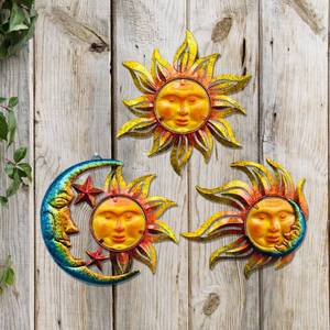 lot 3006 image: NewVees Sun Face Metal Wall Art D�cor Outdoor Indoor, Sun Moon Star, Metal Glass Hanging for Garden Sun Face Sculptures & Statues Statues Wall Art for Farmhouse, Patio, Garden Decoration(3 Pack) - Retail $24