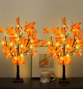 lot 3018 image: 2 Pack 24-inch Fall Lighted Maple Tree, 48 LED Lights, Thanksgiving Decoration Table Tree, Battery Operated DIY Artificial Tree, Centerpieces Decor Tree for Home Desktop Autumn Harvest Tabletop Indoor - Retail $0